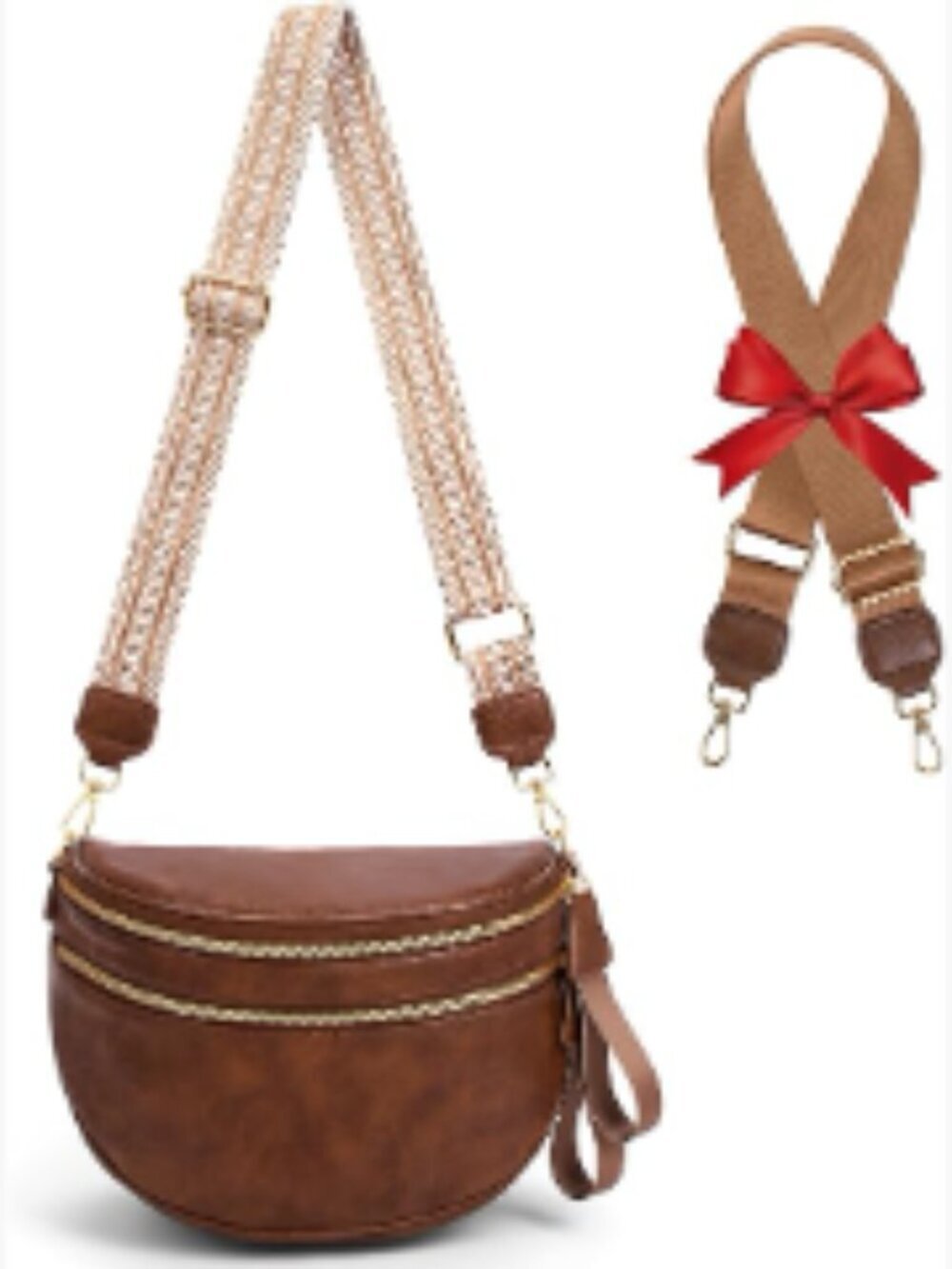 PU Leather Crossbody Fanny Pack Belt Bag with Double Zip Compartments